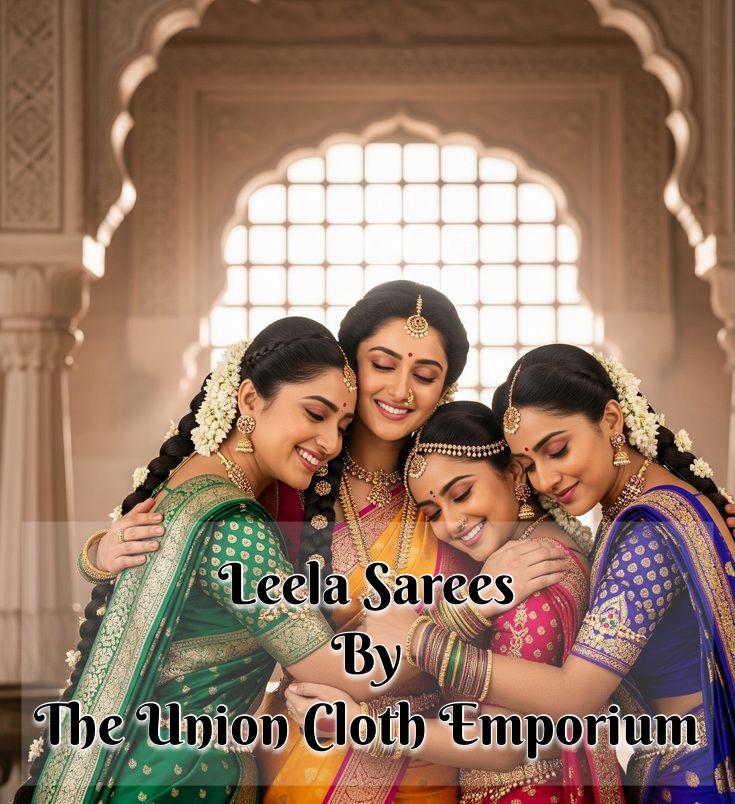 Four women in colorful sarees hugging each other with 'Leela Sarees by The Union Cloth Emporium' text.